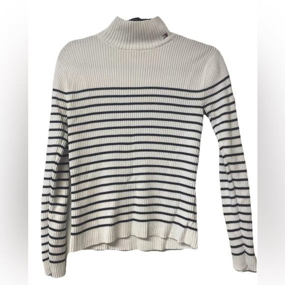 NWOT Tommy Hilfiger Mock Neck Sweater Stretch Navy and White Size S preppy - Picture 1 of 8